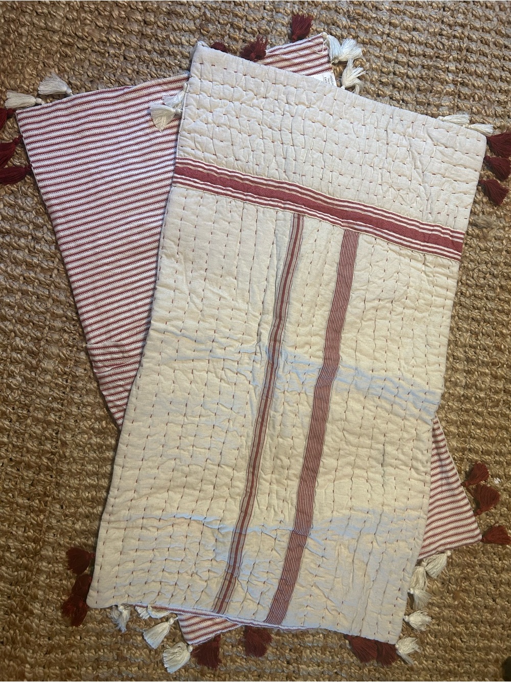Pottery Barn Cream Pillow Shams with Red Stripe and Tassels King Size